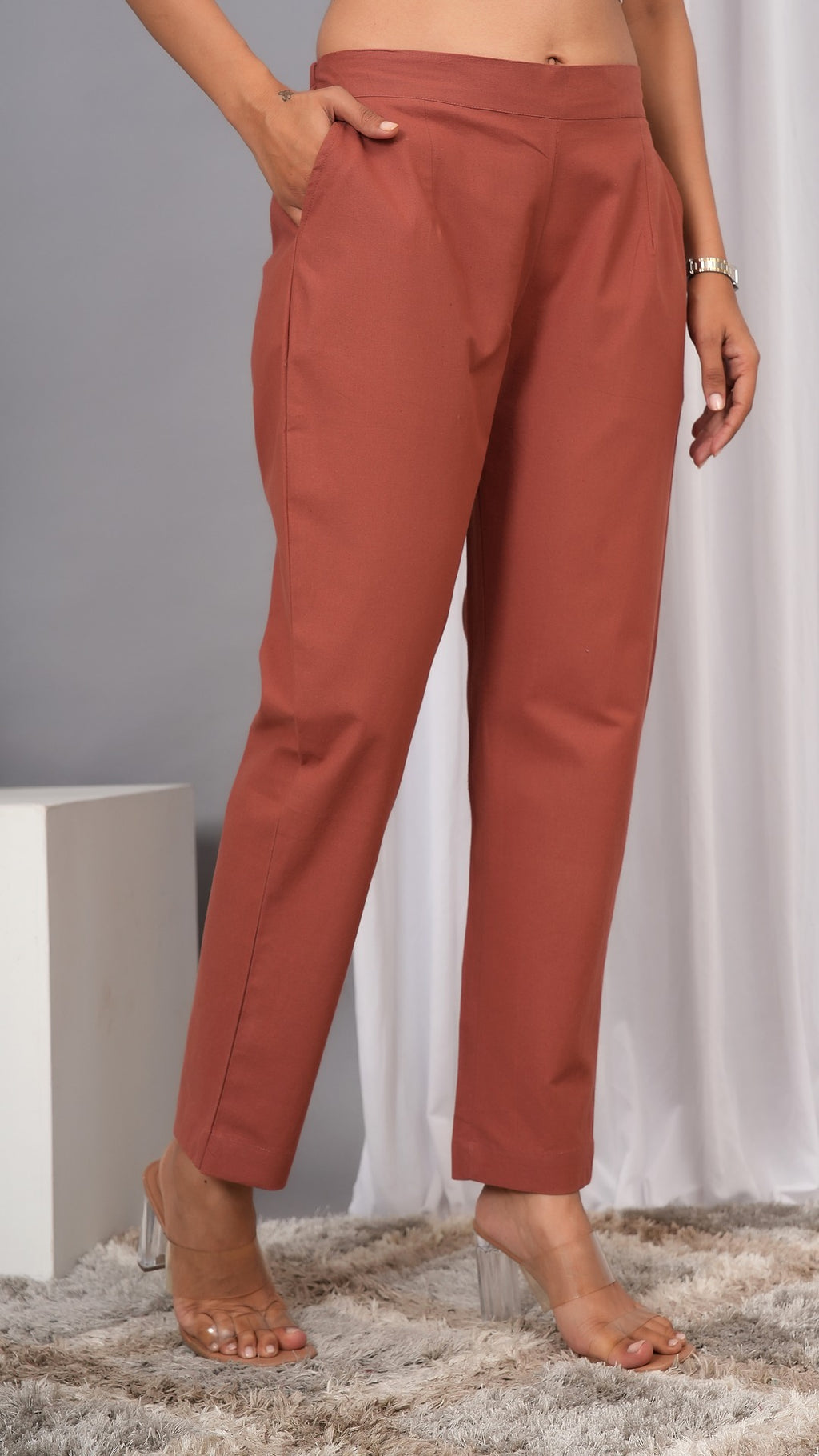 Women Regular Fit Pure Cotton Rust Trousers