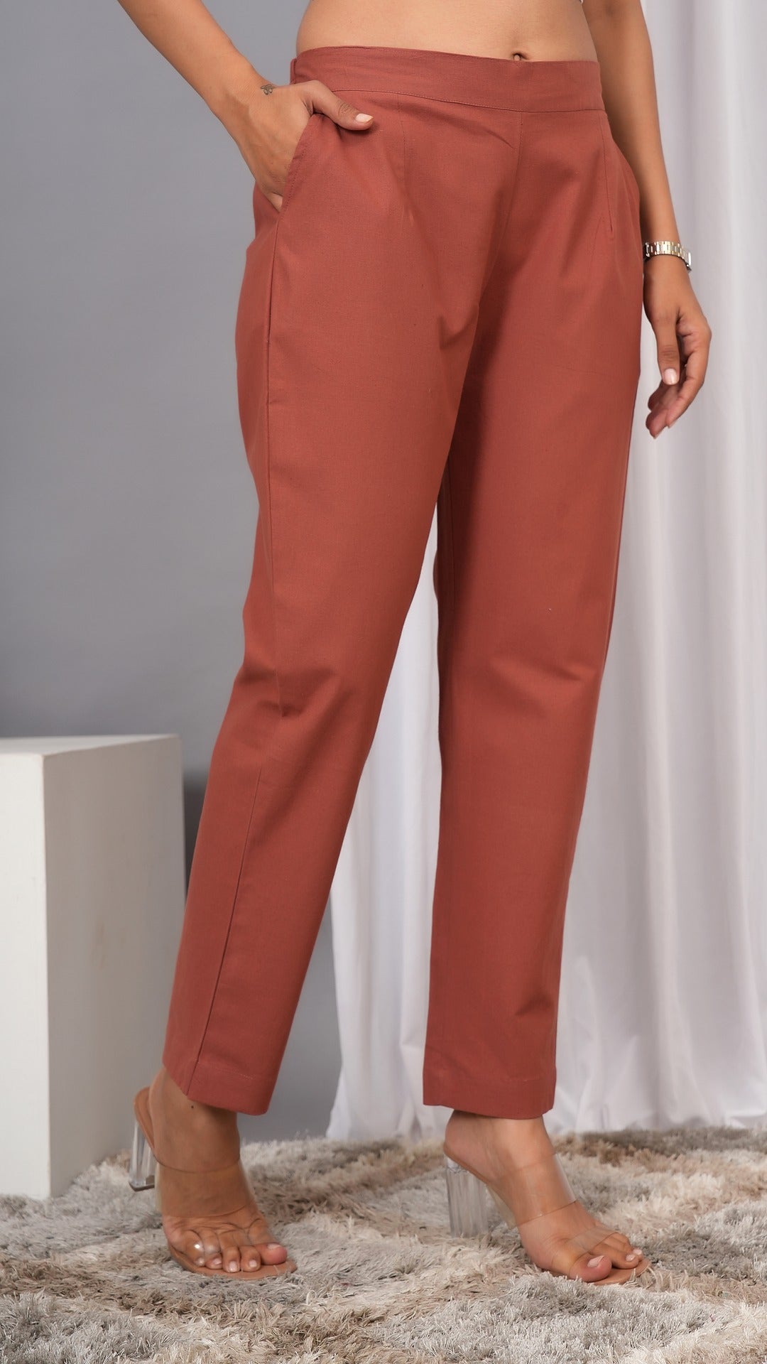 Women Regular Fit Pure Cotton Rust Trousers