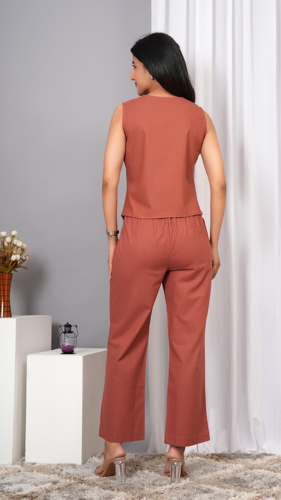Cotton Waist Coat With Trouser Rust Co ord Set