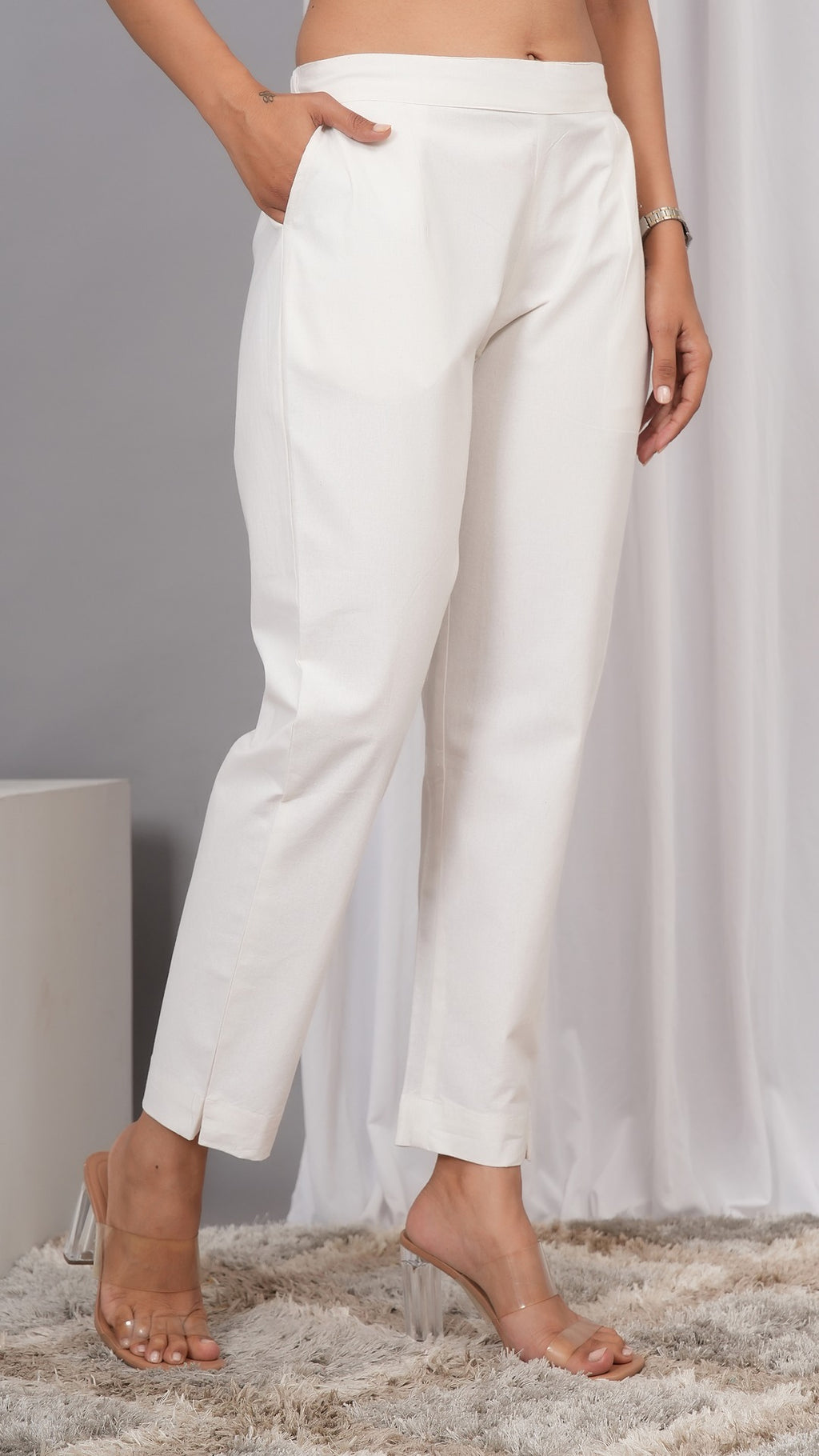 Women Regular Fit Pure Cotton White Trousers