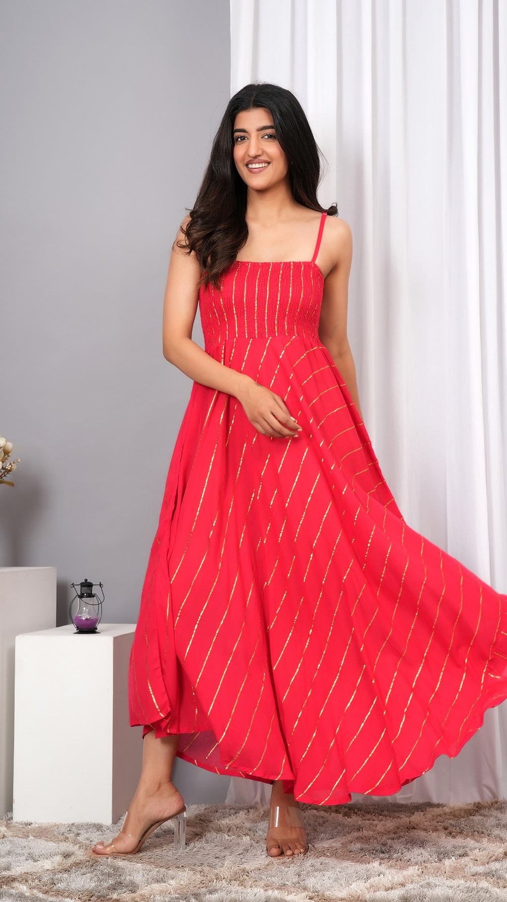 IQRAAR Women Lurex Rayon Fit & Flared Western Wear Dress Red