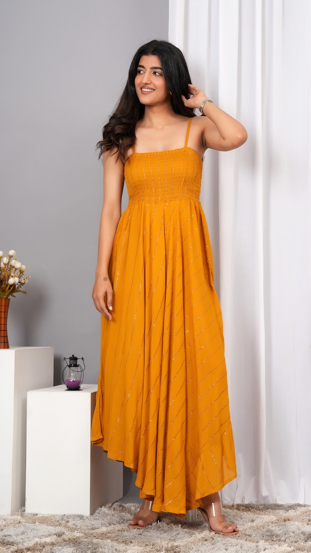 IQRAAR Women Lurex Rayon Fit & Flared Western Wear Dress Mustard