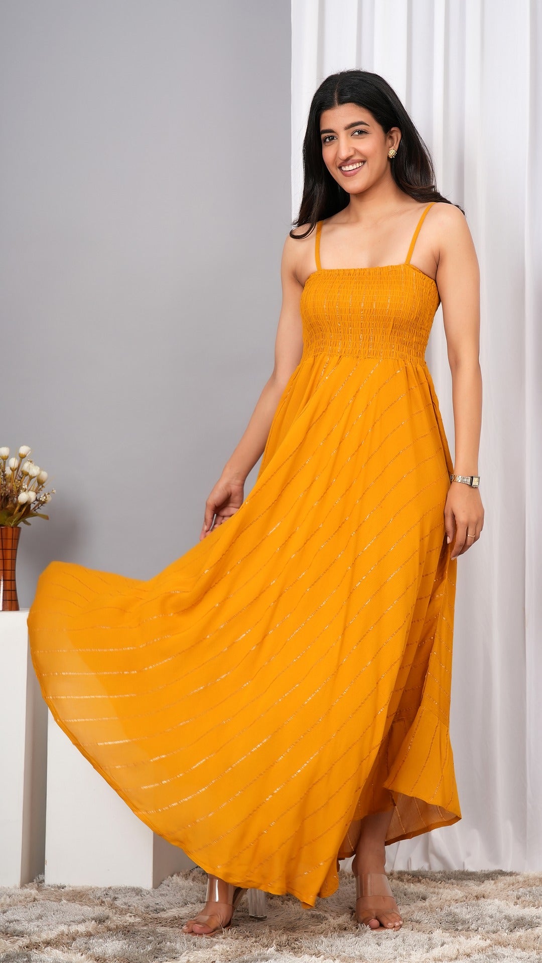 IQRAAR Women Lurex Rayon Fit & Flared Western Wear Dress Mustard