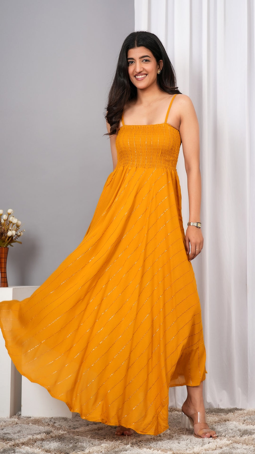IQRAAR Women Lurex Rayon Fit & Flared Western Wear Dress Mustard