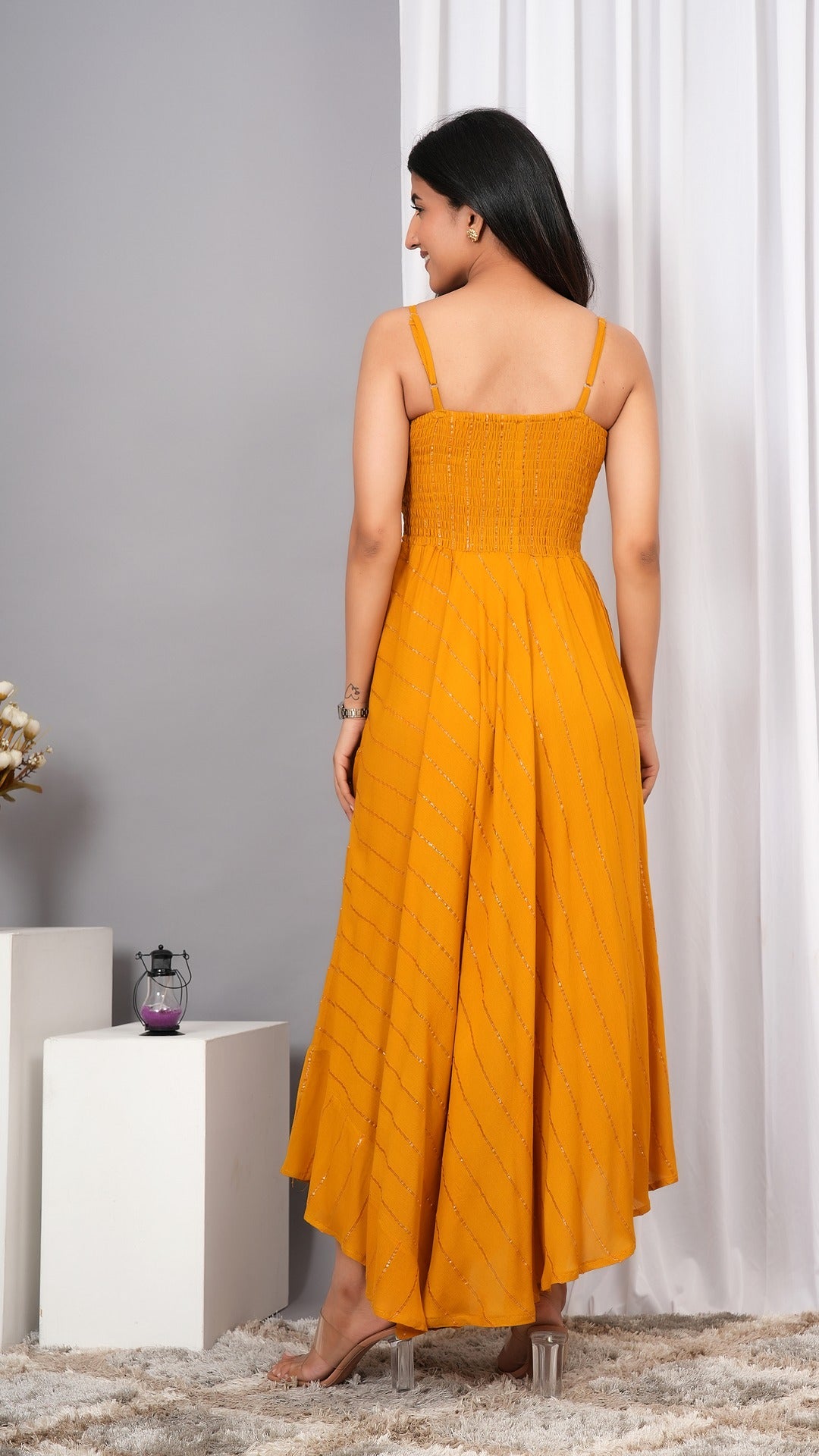 IQRAAR Women Lurex Rayon Fit & Flared Western Wear Dress Mustard