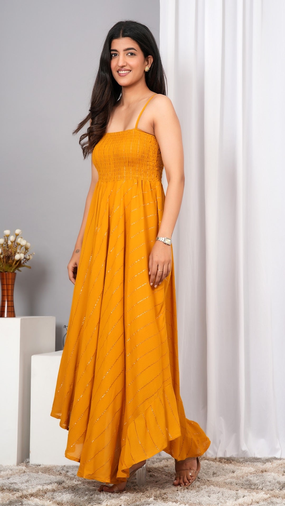 IQRAAR Women Lurex Rayon Fit & Flared Western Wear Dress Mustard