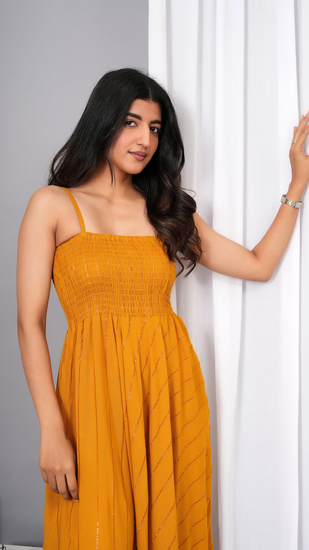IQRAAR Women Lurex Rayon Fit & Flared Western Wear Dress Mustard