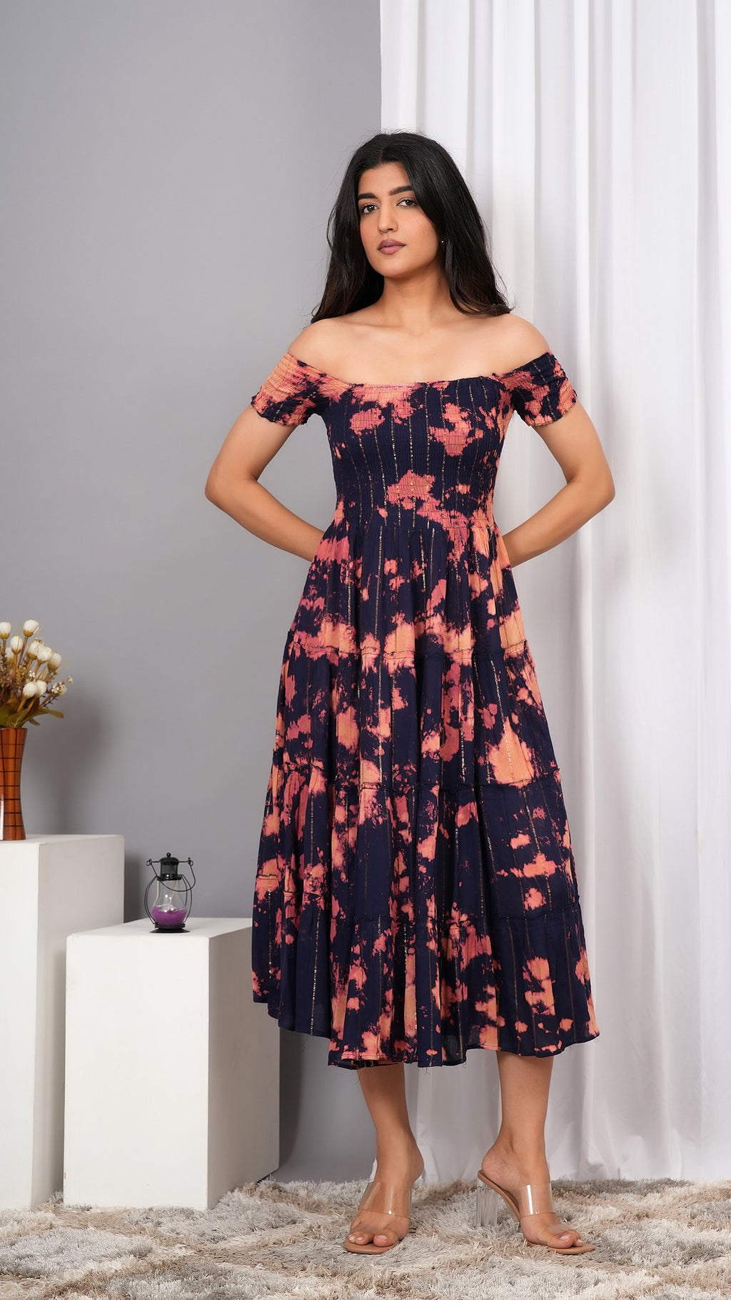Iqraar Women Tie and Dye Dyed Smocked Off-Shoulder Fit and Flare Midi Blue Dress