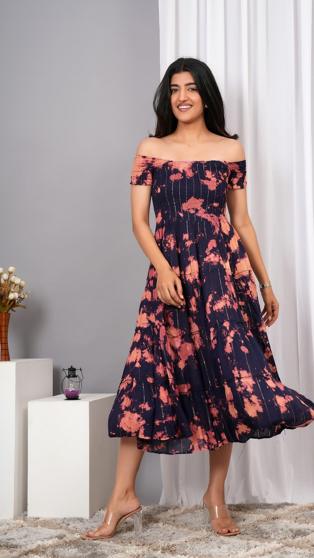 Iqraar Women Tie and Dye Dyed Smocked Off-Shoulder Fit and Flare Midi Blue Dress