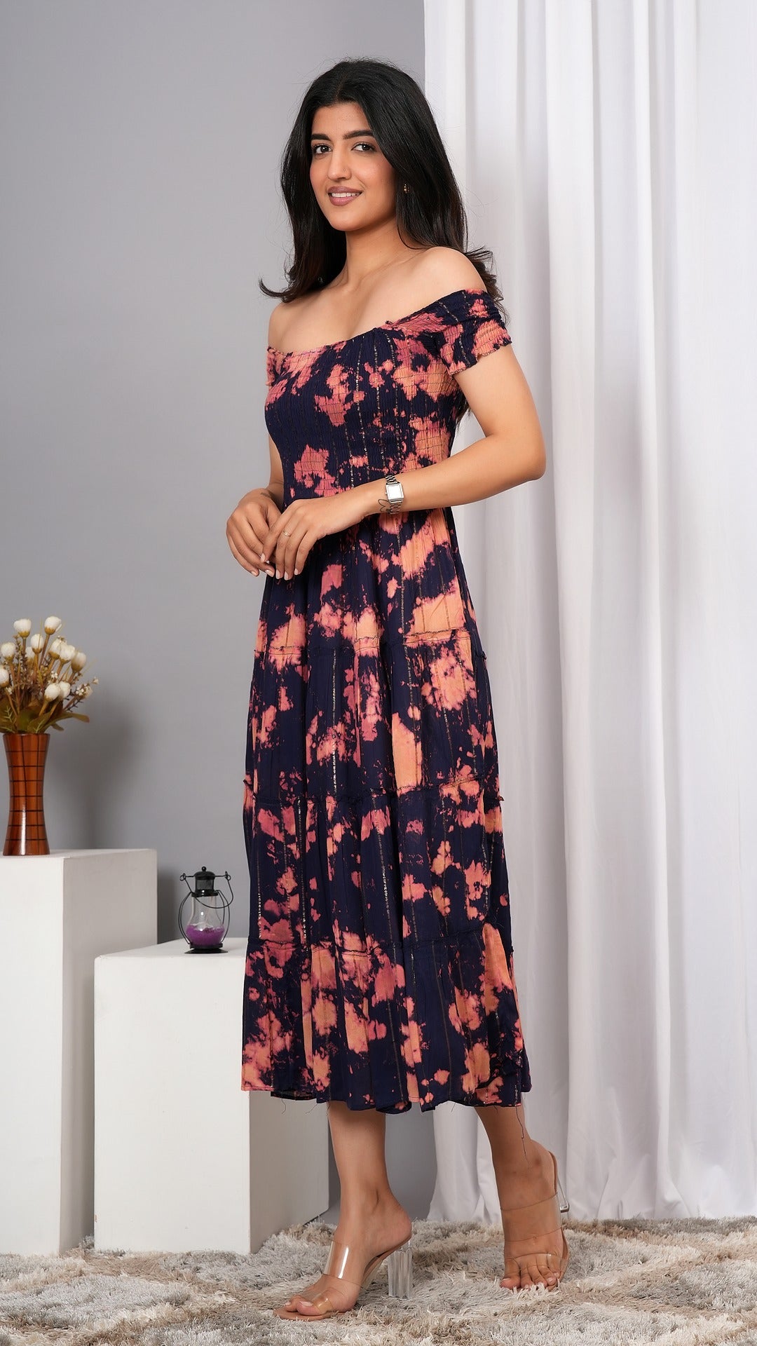 Iqraar Women Tie and Dye Dyed Smocked Off-Shoulder Fit and Flare Midi Blue Dress