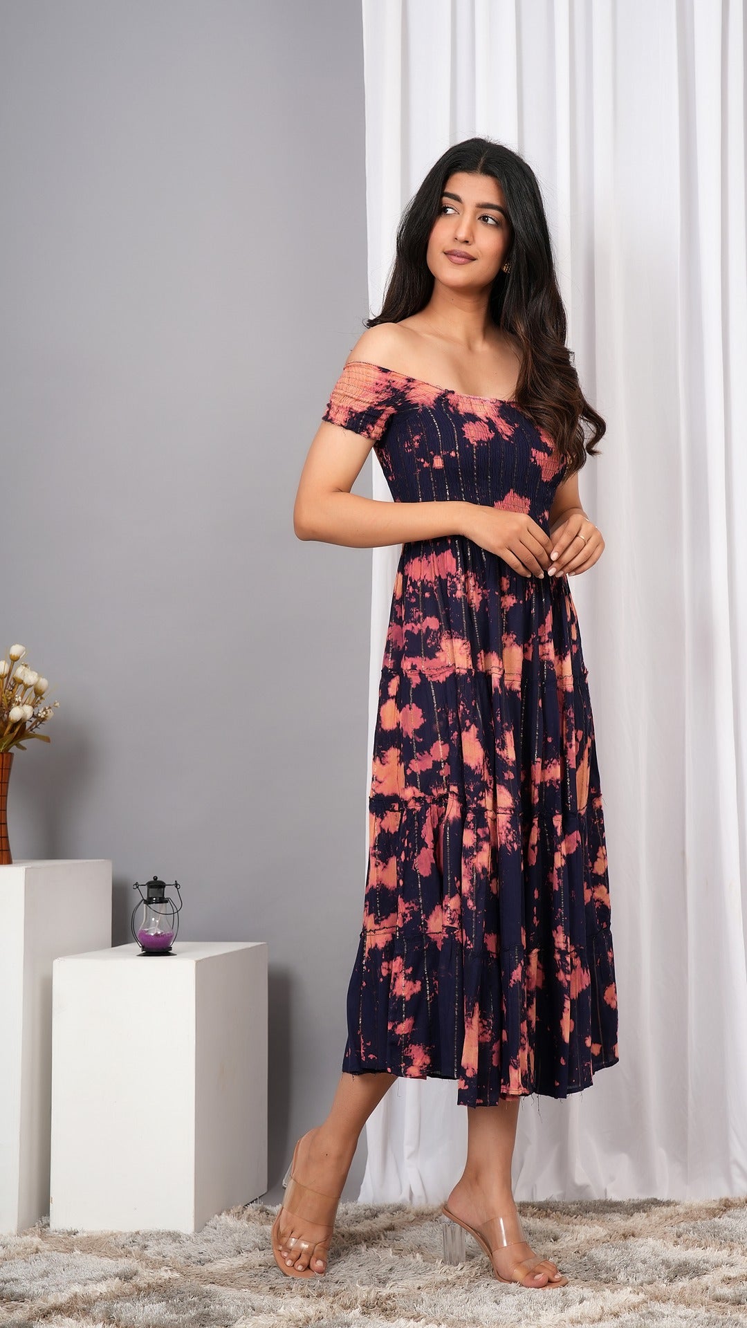 Iqraar Women Tie and Dye Dyed Smocked Off-Shoulder Fit and Flare Midi Blue Dress