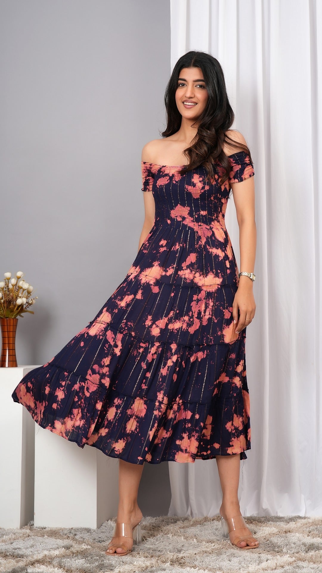 Iqraar Women Tie and Dye Dyed Smocked Off-Shoulder Fit and Flare Midi Blue Dress