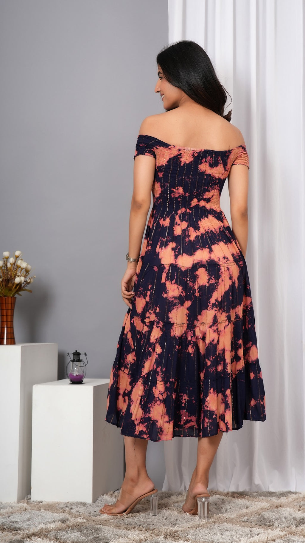 Iqraar Women Tie and Dye Dyed Smocked Off-Shoulder Fit and Flare Midi Blue Dress
