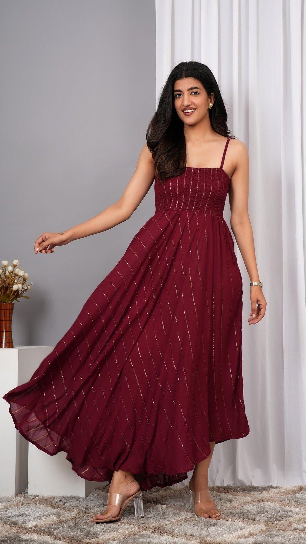 IQRAAR Women Lurex Rayon Fit & Flared Western Wear Dress (Wine)