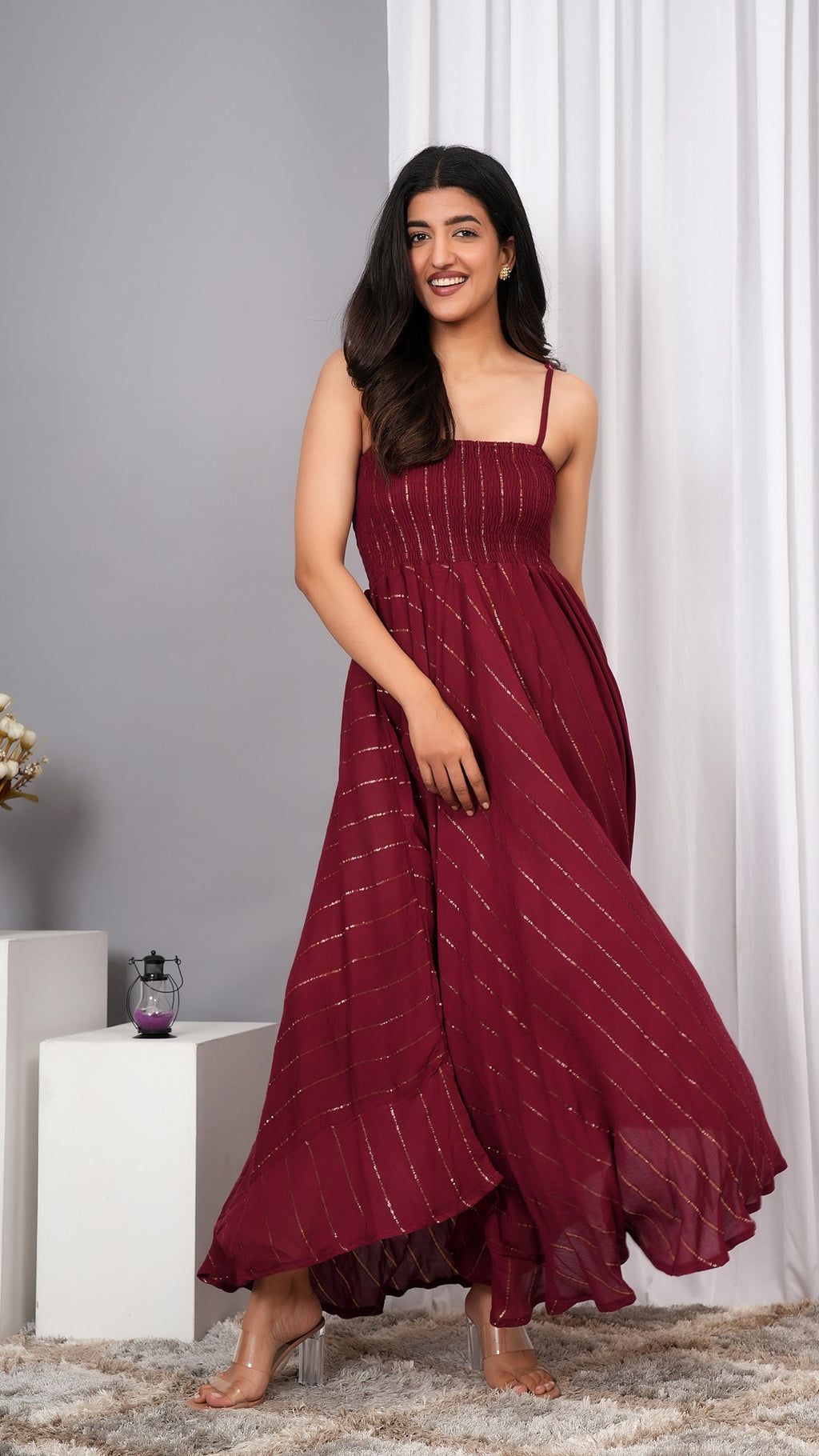 IQRAAR Women Lurex Rayon Fit & Flared Western Wear Dress (Wine)