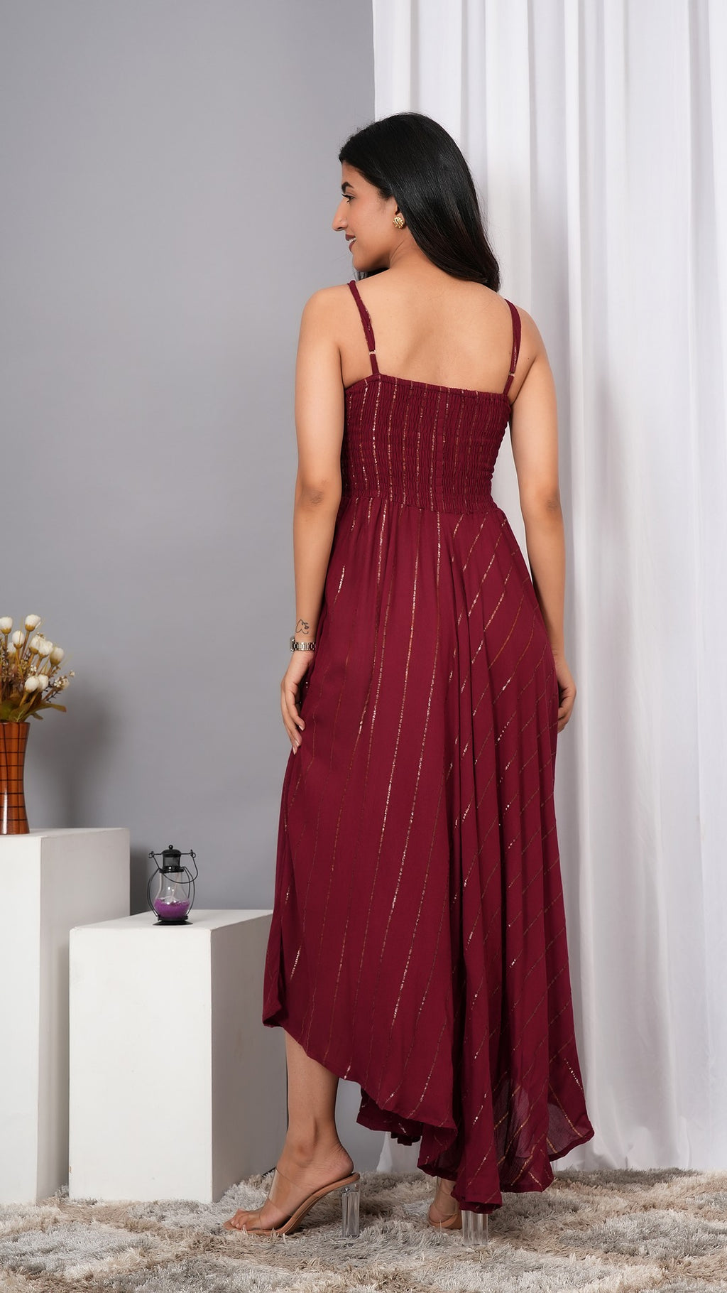 IQRAAR Women Lurex Rayon Fit & Flared Western Wear Dress (Wine)