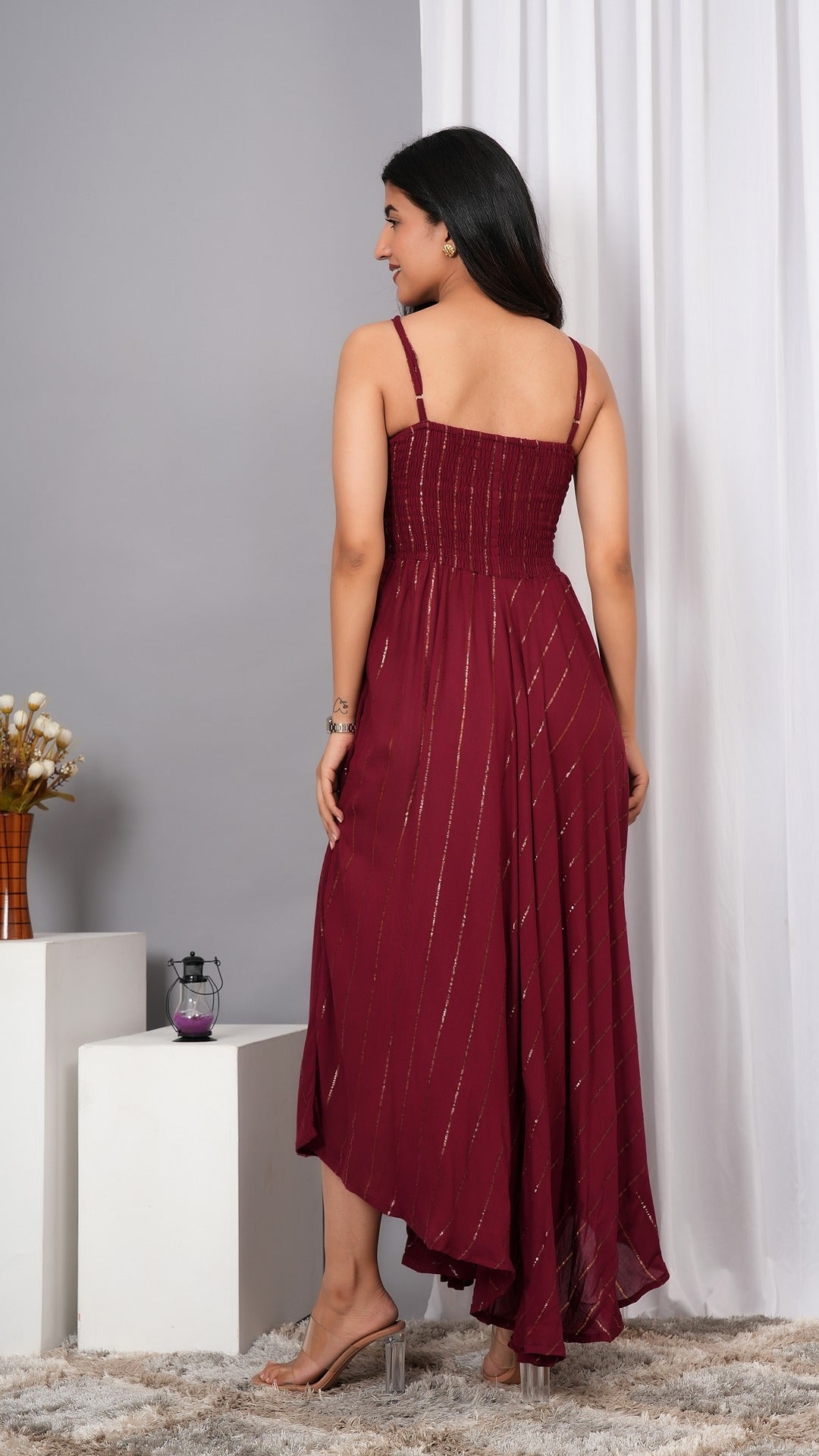 IQRAAR Women Lurex Rayon Fit & Flared Western Wear Dress (Wine)