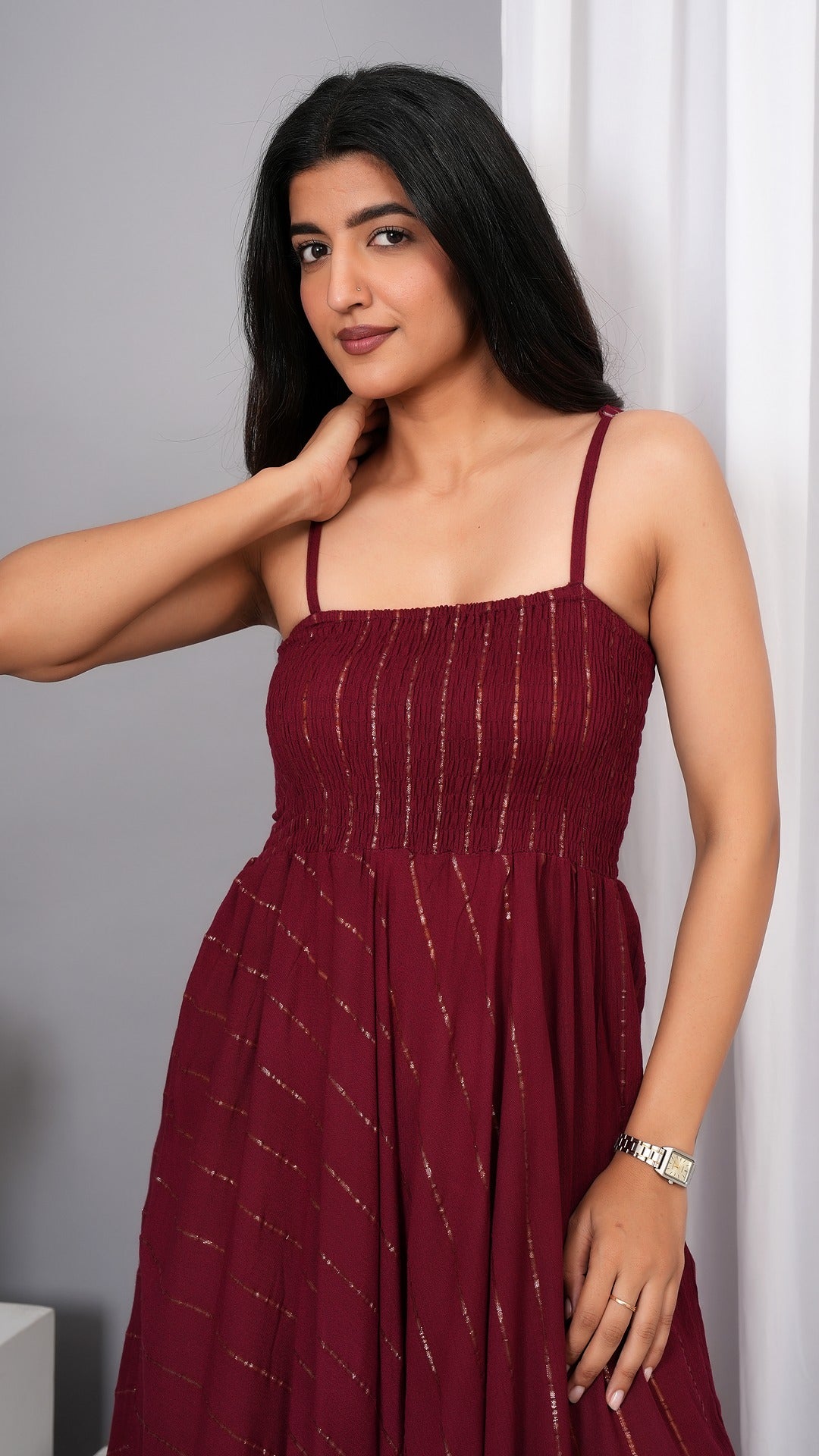 IQRAAR Women Lurex Rayon Fit & Flared Western Wear Dress (Wine)