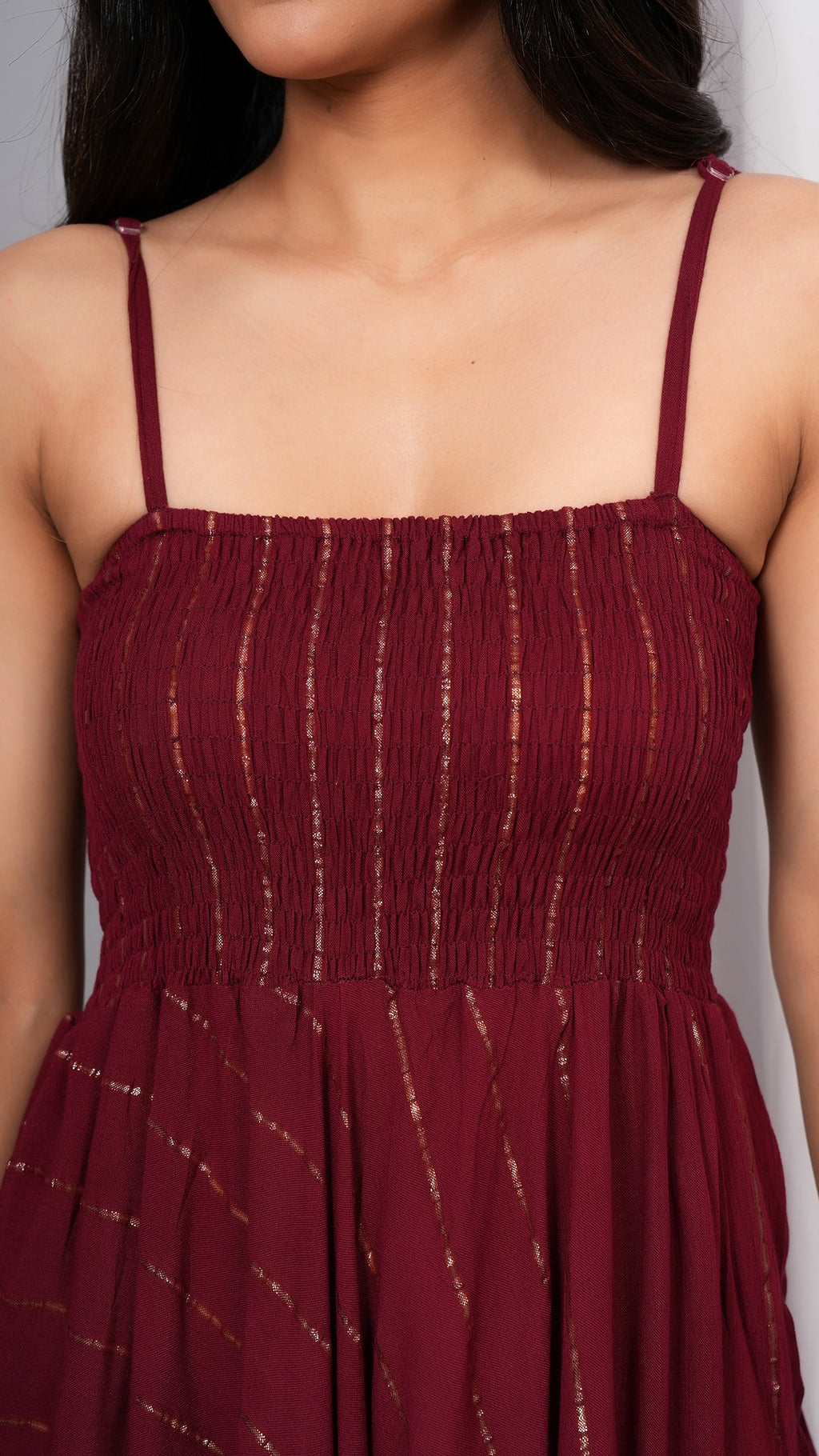 IQRAAR Women Lurex Rayon Fit & Flared Western Wear Dress (Wine)