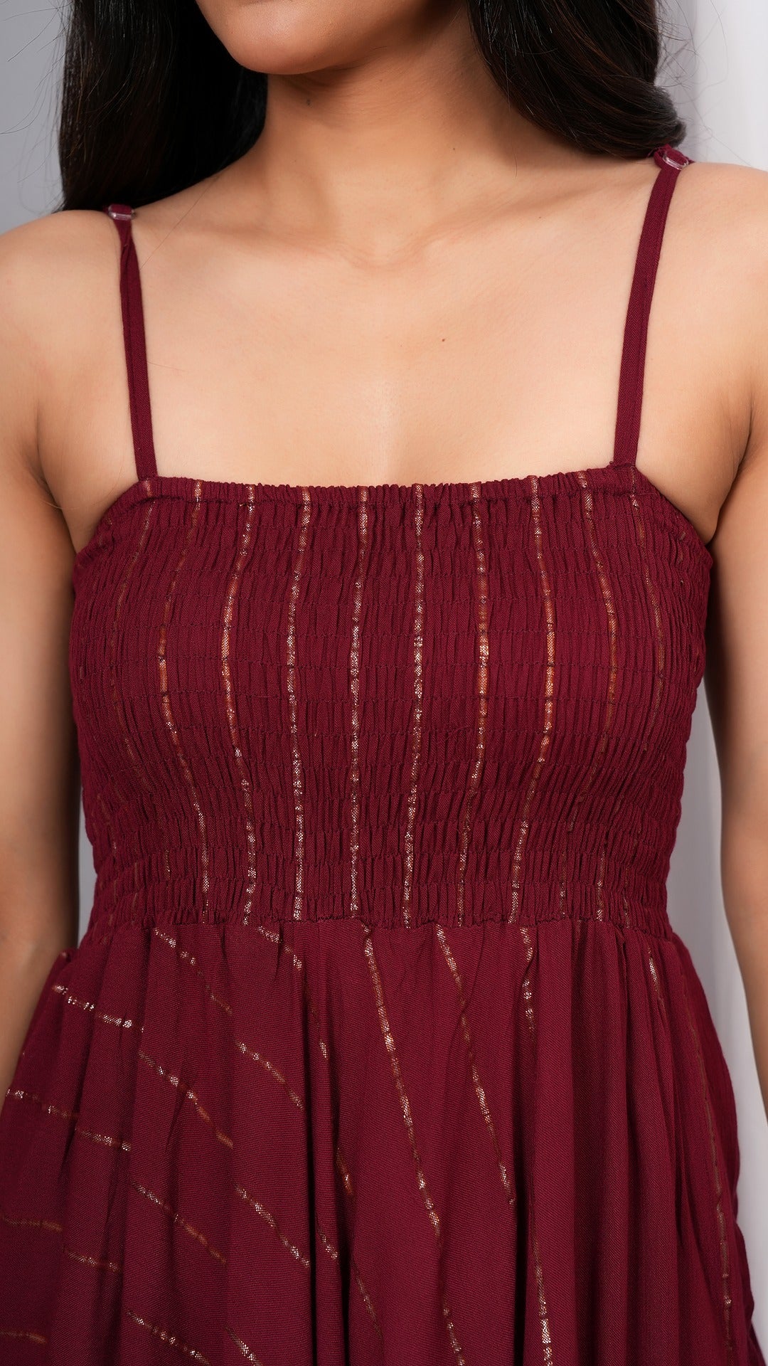 IQRAAR Women Lurex Rayon Fit & Flared Western Wear Dress (Wine)