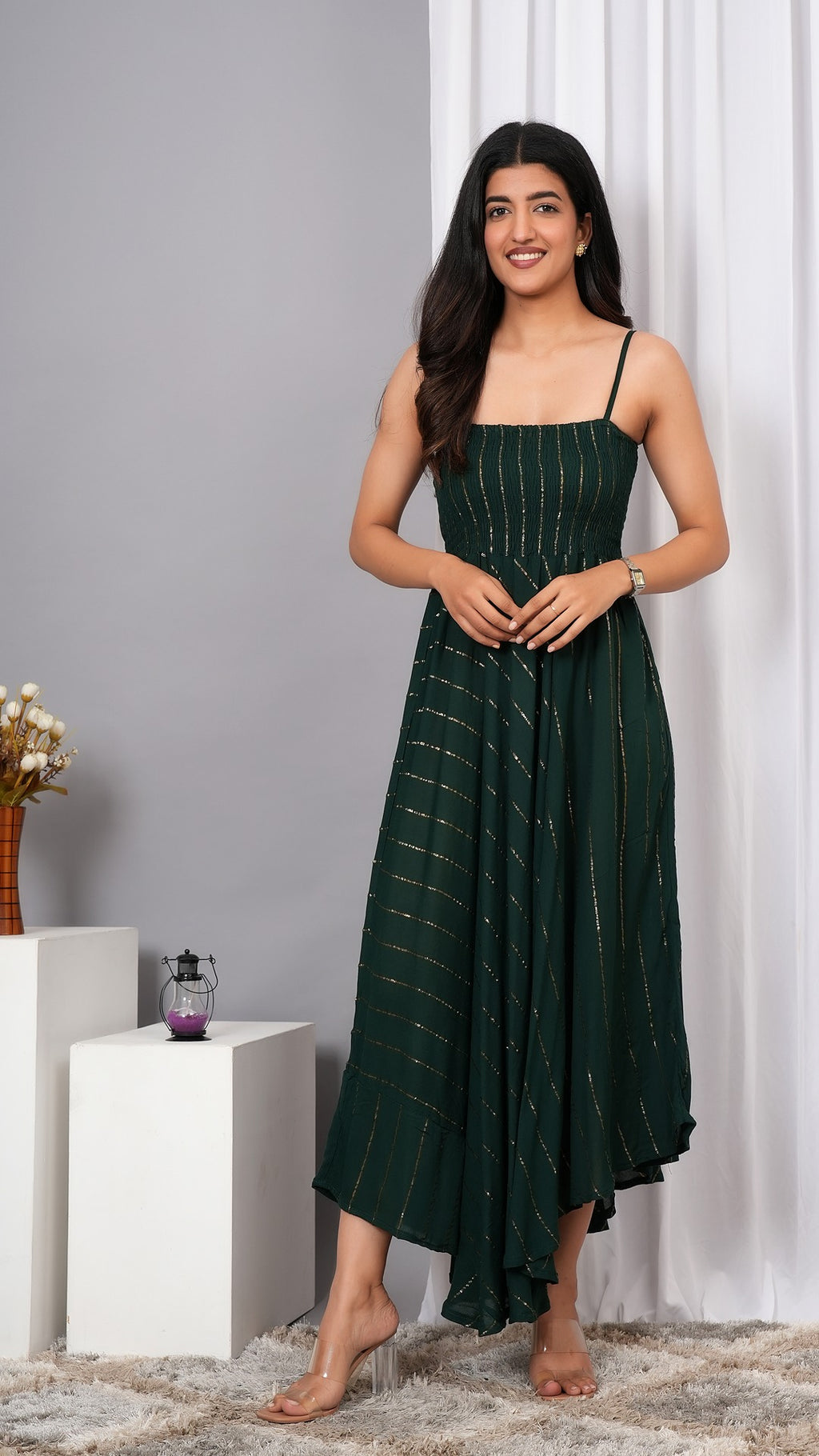 IQRAAR Women Lurex Rayon Fit & Flared Western Wear Dress (Green)