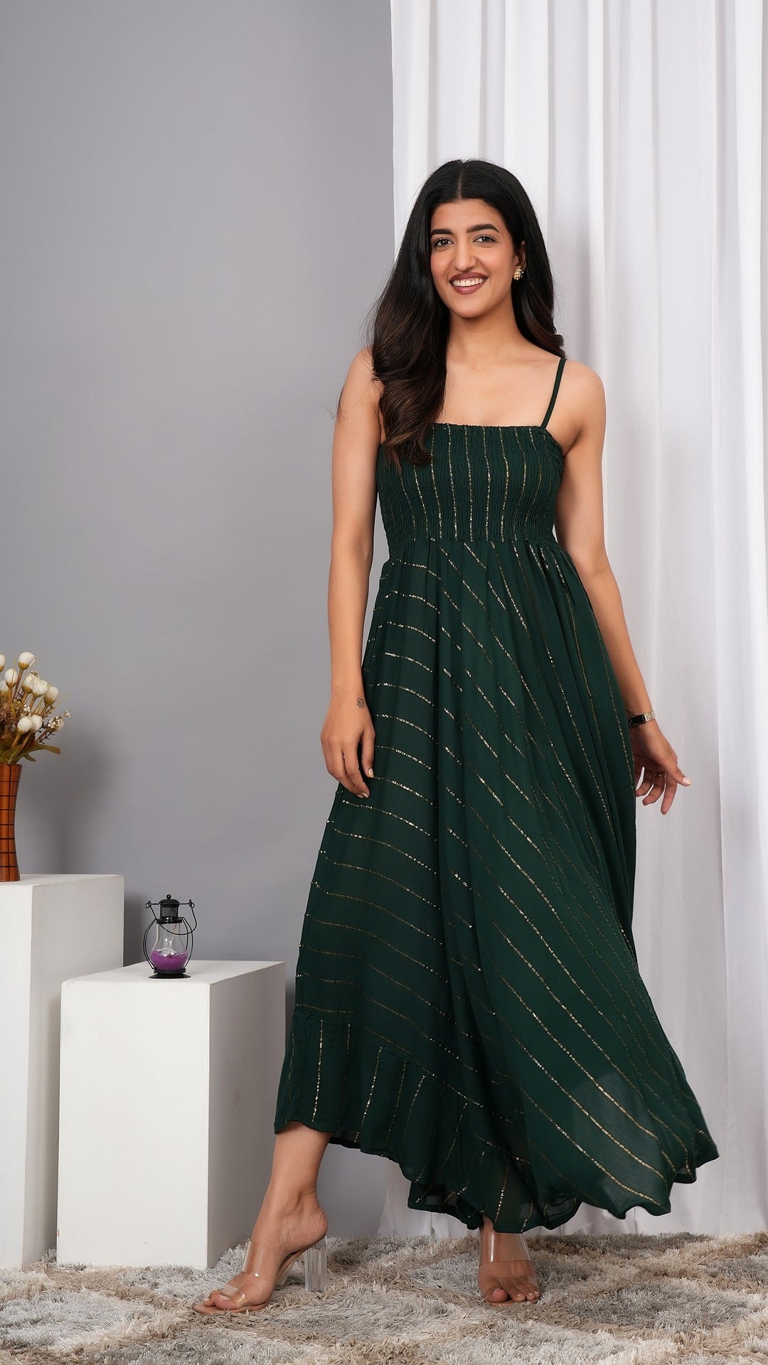 IQRAAR Women Lurex Rayon Fit & Flared Western Wear Dress (Green)