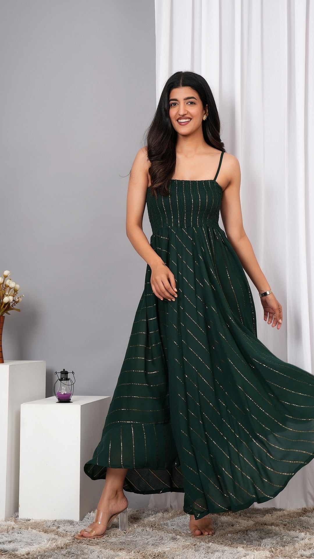 IQRAAR Women Lurex Rayon Fit & Flared Western Wear Dress (Green)