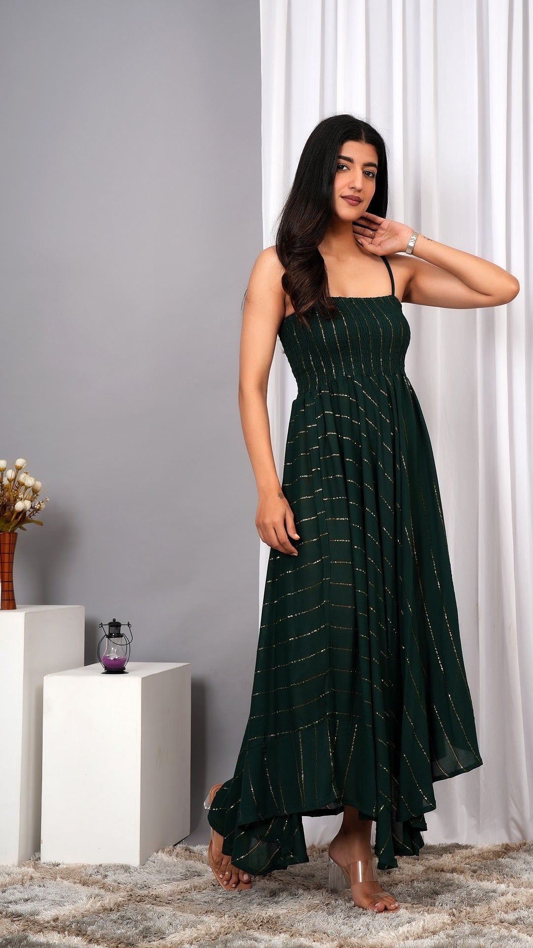 IQRAAR Women Lurex Rayon Fit & Flared Western Wear Dress (Green)