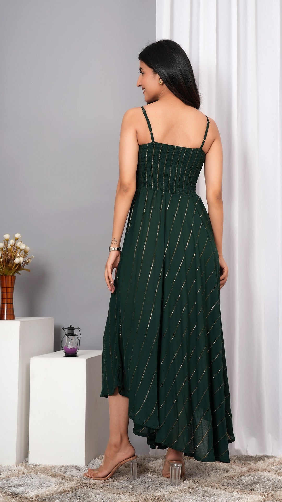 IQRAAR Women Lurex Rayon Fit & Flared Western Wear Dress (Green)