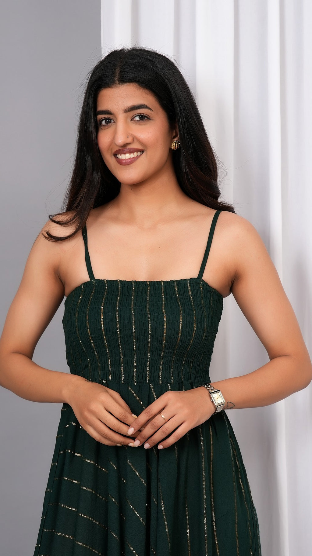 IQRAAR Women Lurex Rayon Fit & Flared Western Wear Dress (Green)