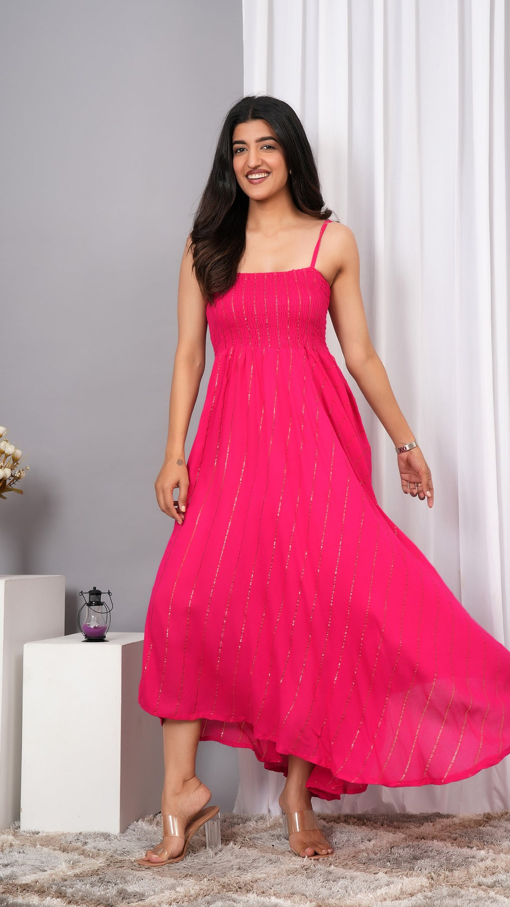 IQRAAR Women Lurex Rayon Fit & Flared Western Wear Dress Pink