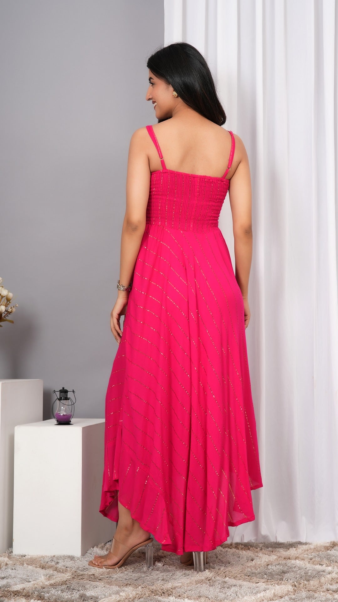 IQRAAR Women Lurex Rayon Fit & Flared Western Wear Dress Pink
