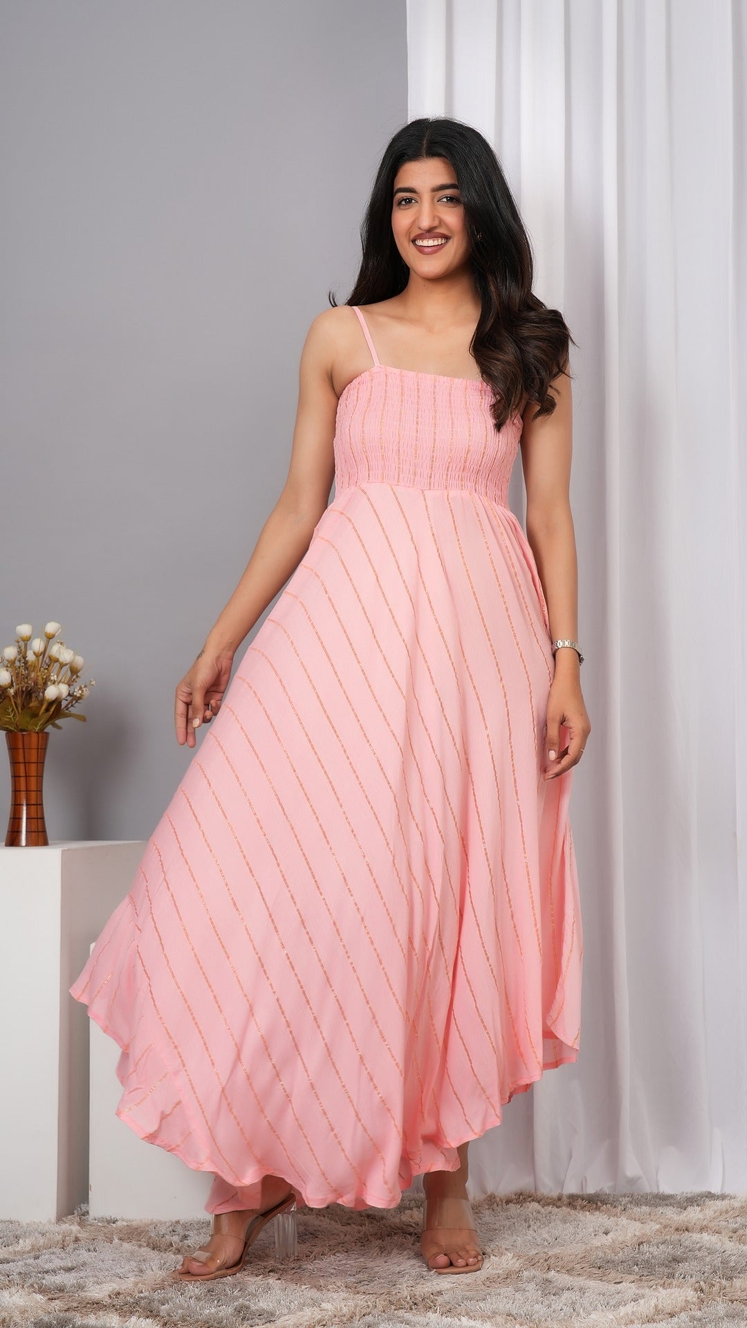 IQRAAR Women Lurex Rayon Fit & Flared Western Wear Dress (Baby Pink)