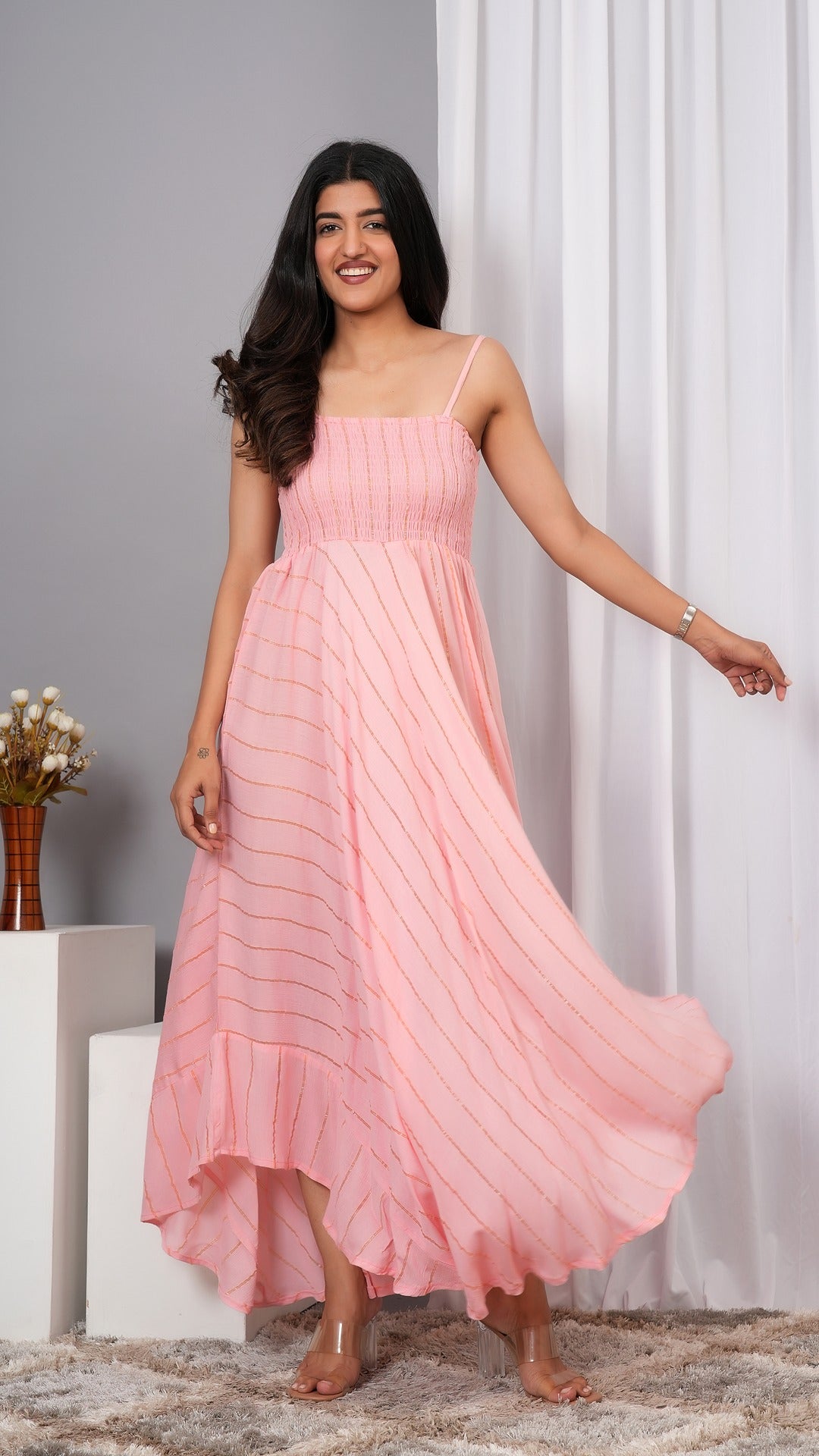 IQRAAR Women Lurex Rayon Fit & Flared Western Wear Dress (Baby Pink)
