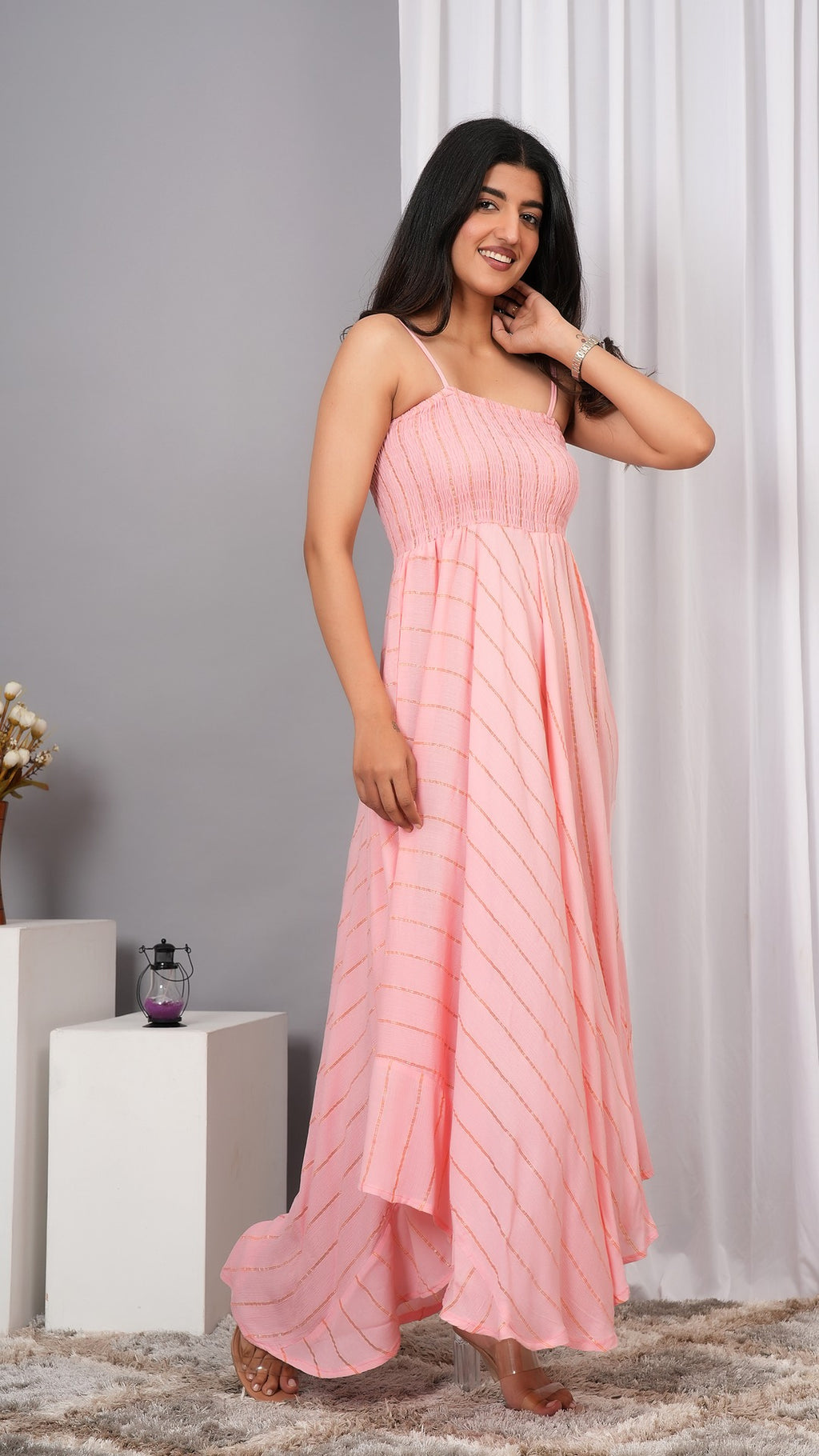 IQRAAR Women Lurex Rayon Fit & Flared Western Wear Dress (Baby Pink)