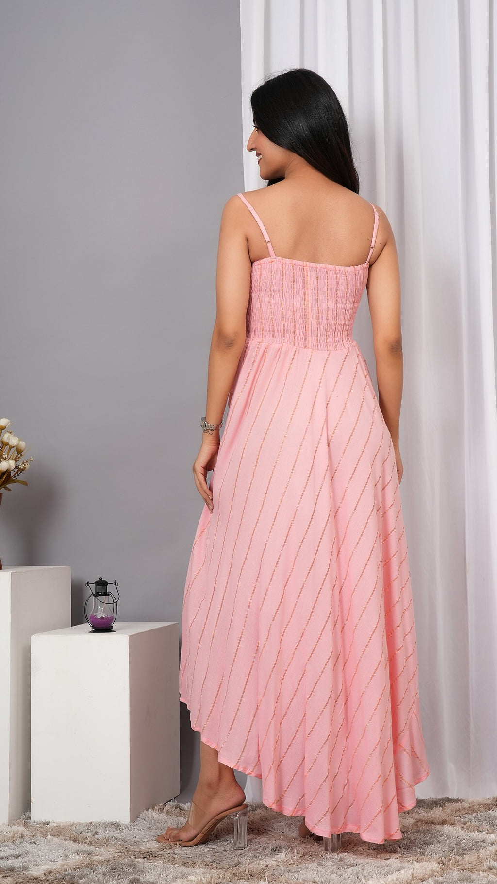 IQRAAR Women Lurex Rayon Fit & Flared Western Wear Dress (Baby Pink)