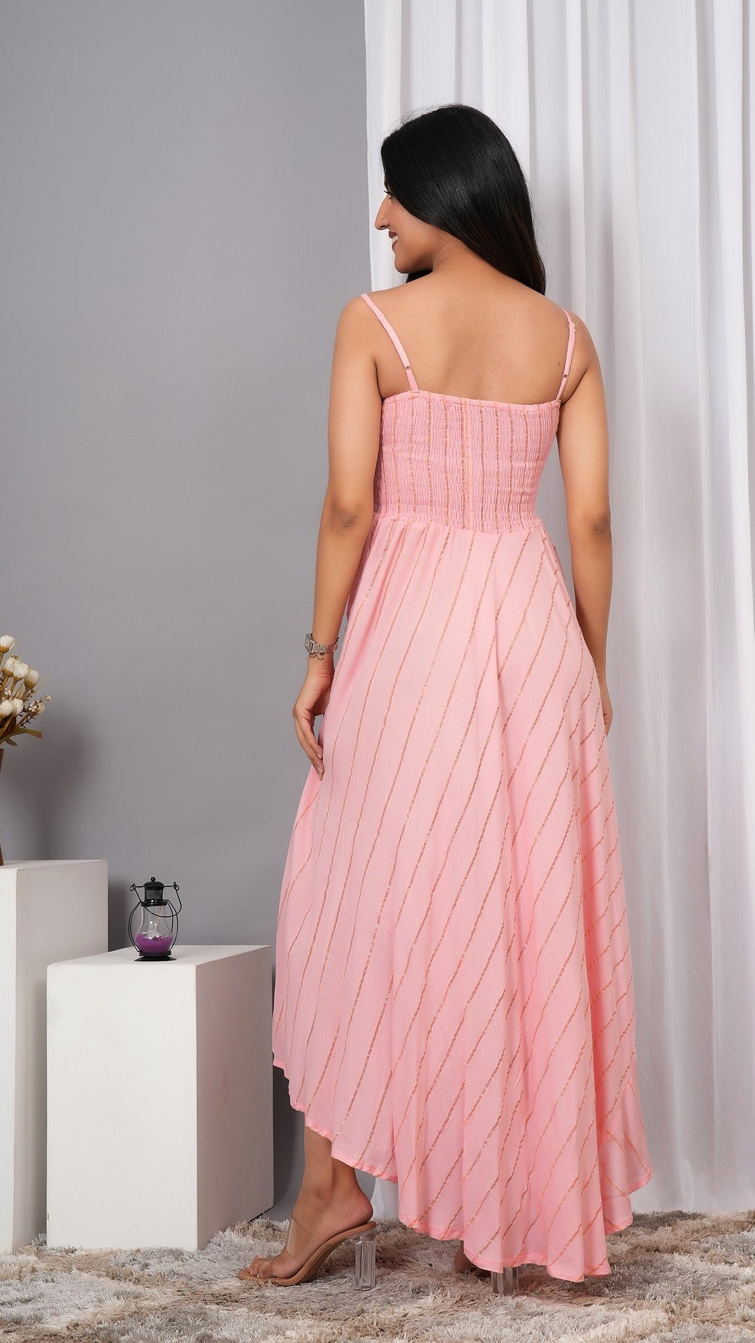 IQRAAR Women Lurex Rayon Fit & Flared Western Wear Dress (Baby Pink)