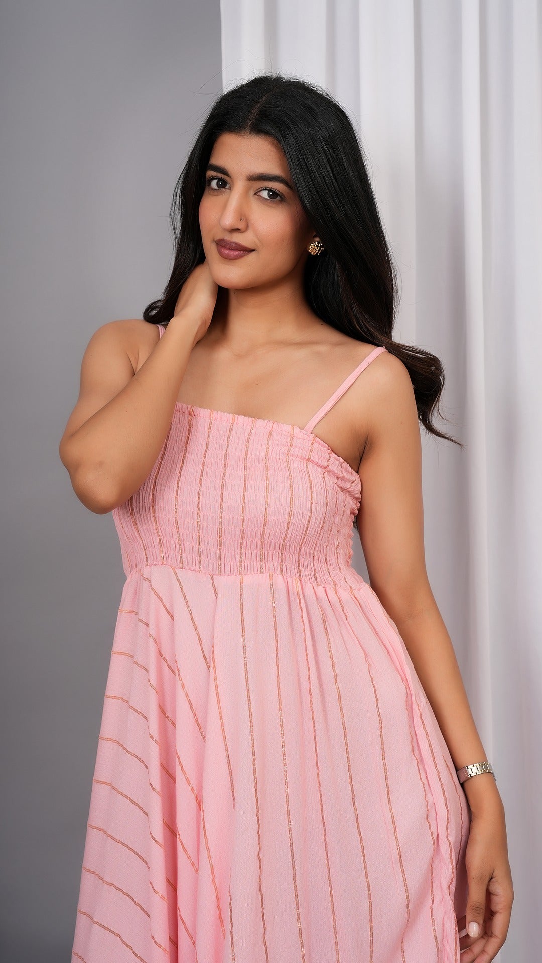 IQRAAR Women Lurex Rayon Fit & Flared Western Wear Dress (Baby Pink)