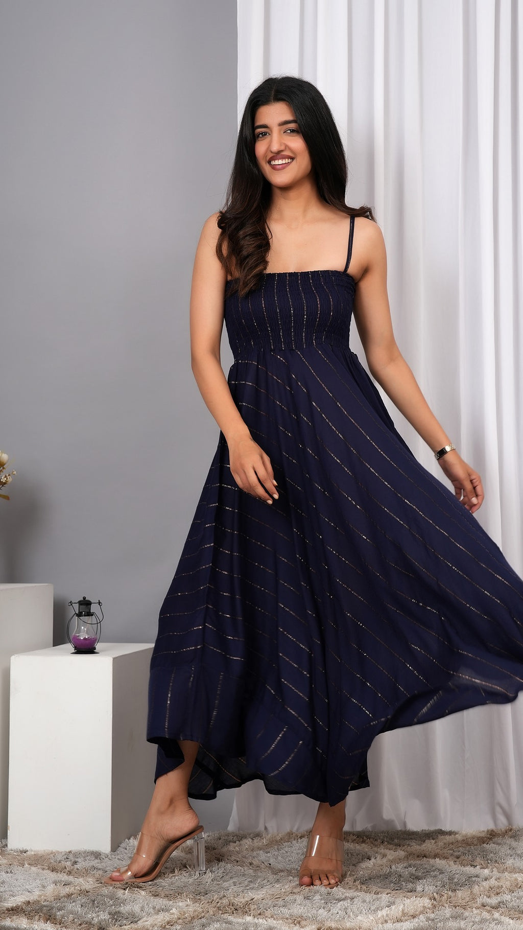 IQRAAR Women Lurex Rayon Fit & Flared Western Wear Dress Navy blue