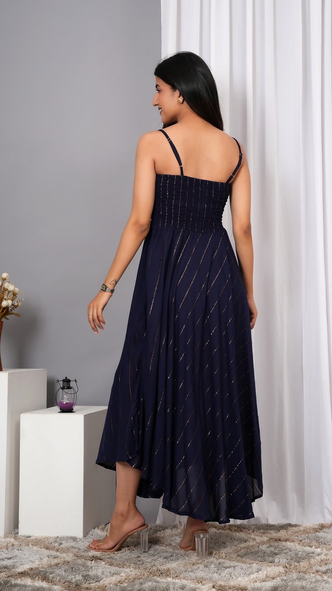 IQRAAR Women Lurex Rayon Fit & Flared Western Wear Dress Navy blue