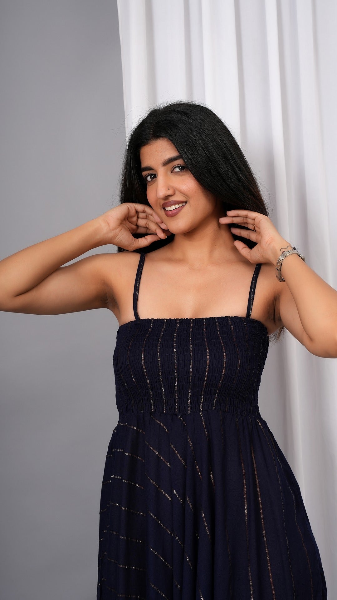 IQRAAR Women Lurex Rayon Fit & Flared Western Wear Dress Navy blue