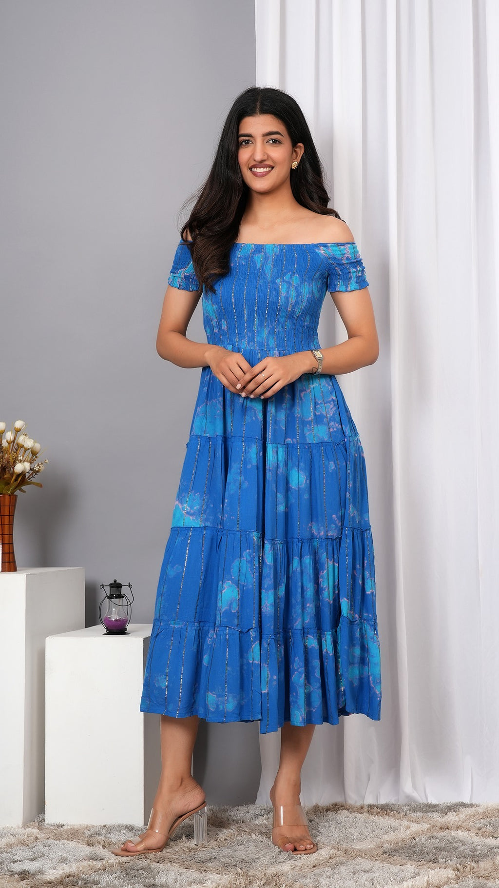Iqraar Women Tie and Dye Dyed Smocked Off-Shoulder Fit and Flare Midi Royal blue Dress