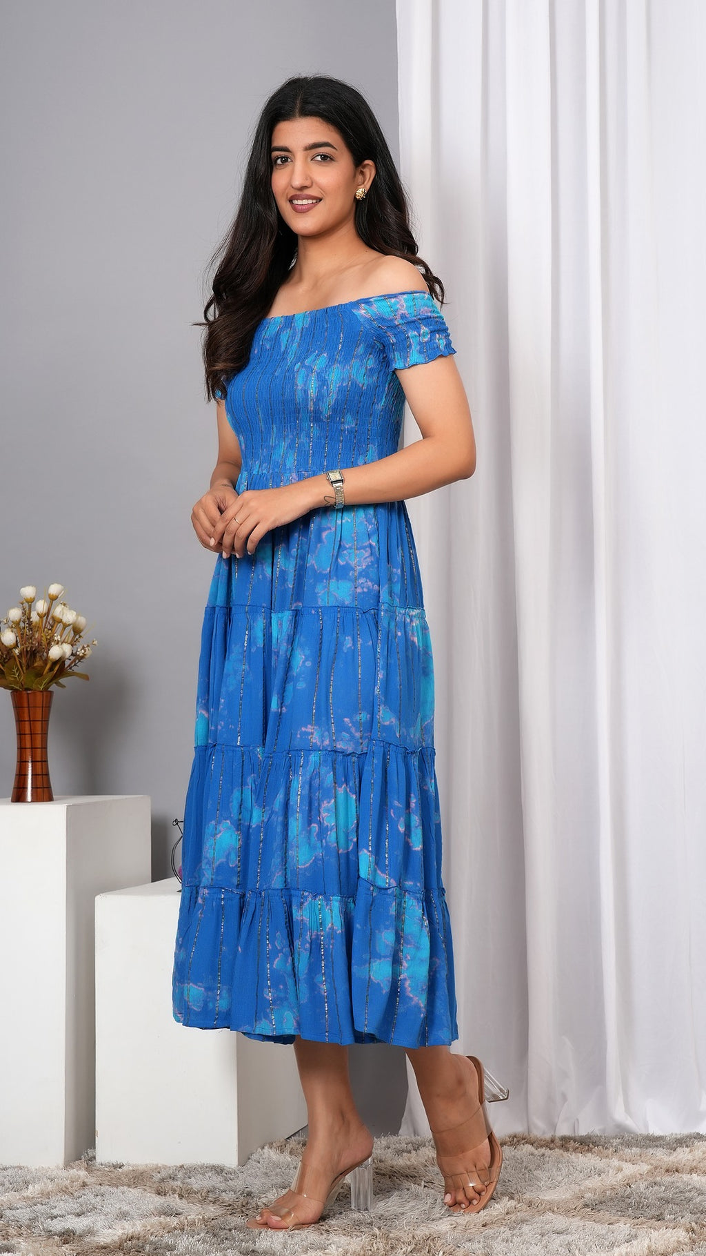 Iqraar Women Tie and Dye Dyed Smocked Off-Shoulder Fit and Flare Midi Royal blue Dress