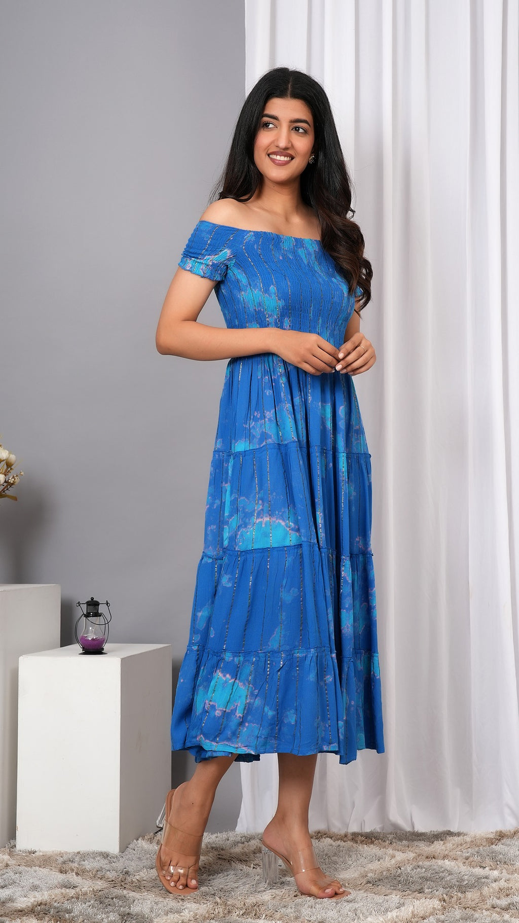 Iqraar Women Tie and Dye Dyed Smocked Off-Shoulder Fit and Flare Midi Royal blue Dress