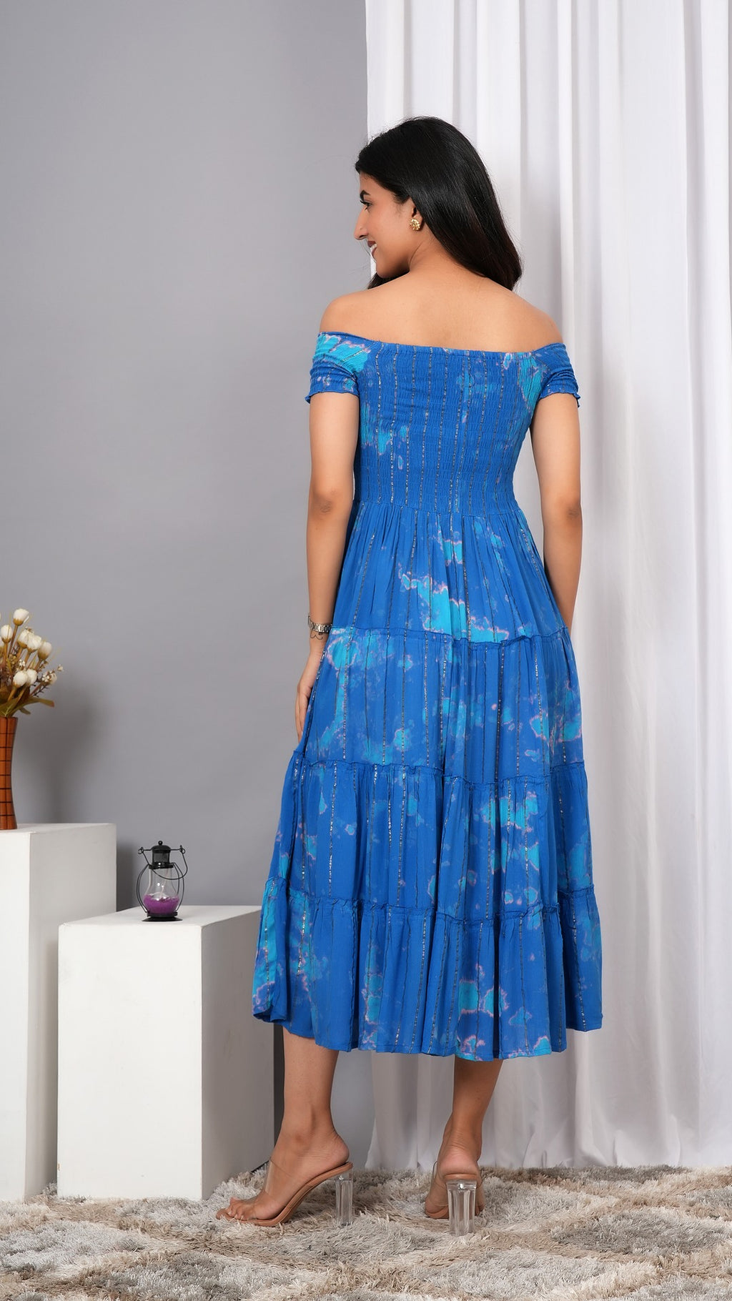 Iqraar Women Tie and Dye Dyed Smocked Off-Shoulder Fit and Flare Midi Royal blue Dress