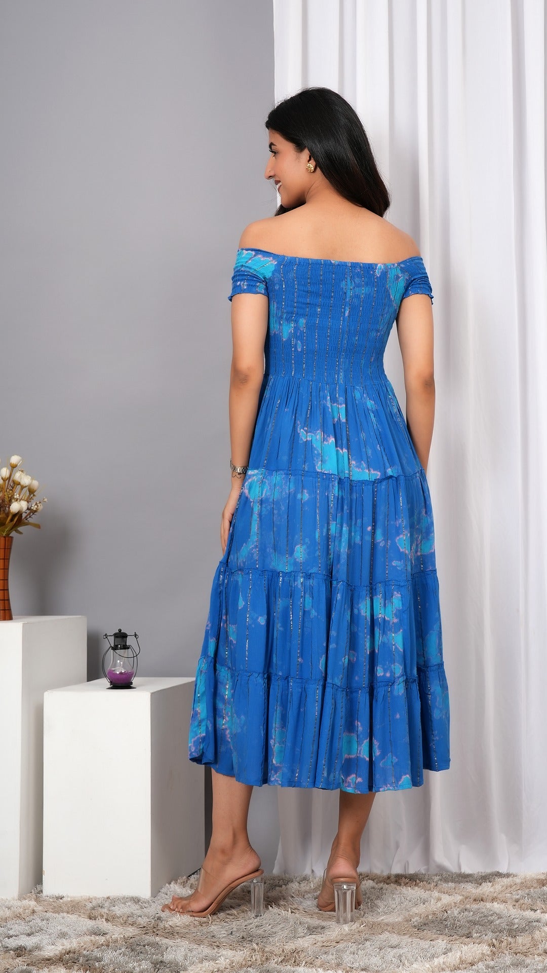 Iqraar Women Tie and Dye Dyed Smocked Off-Shoulder Fit and Flare Midi Royal blue Dress