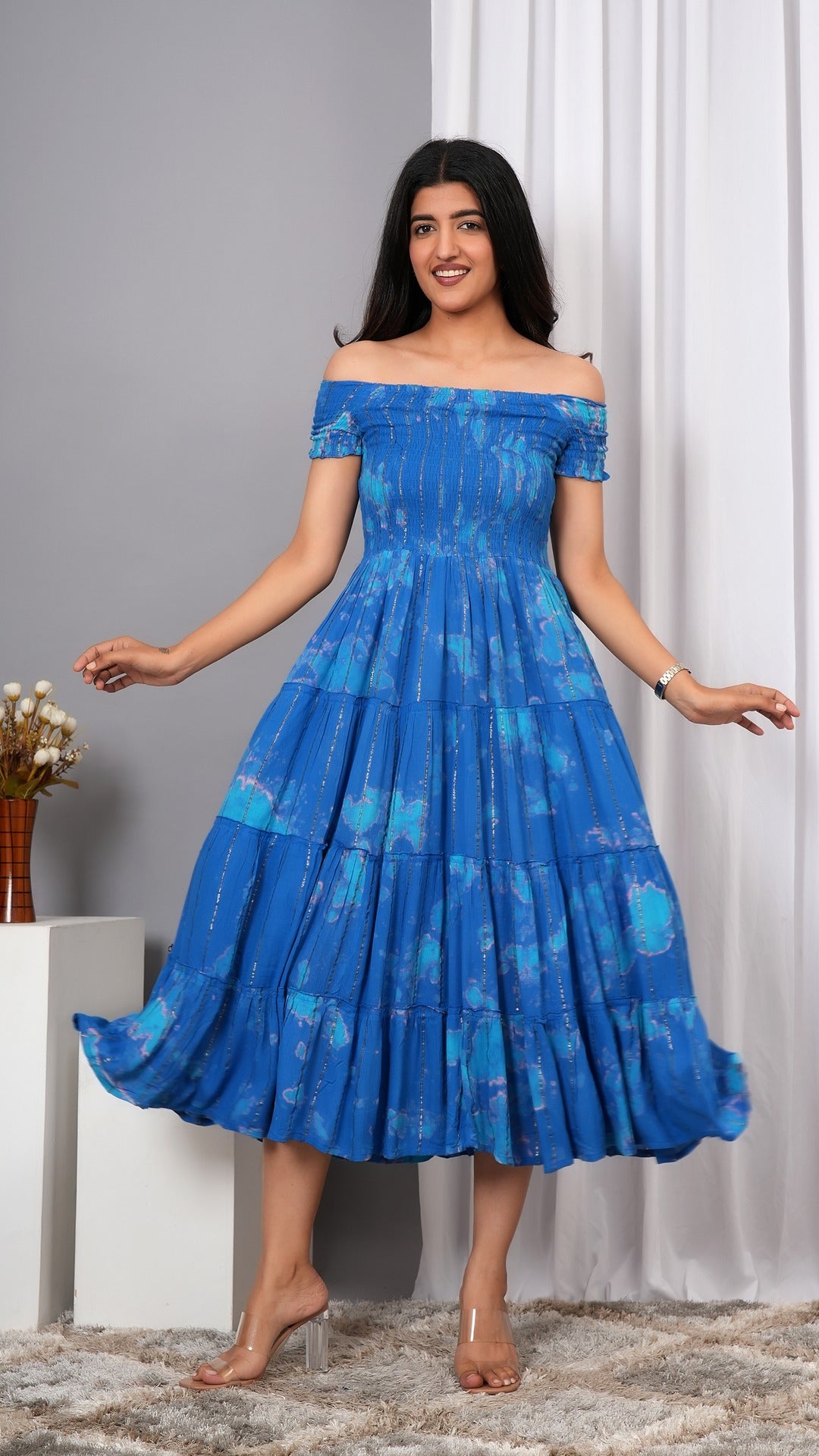 Iqraar Women Tie and Dye Dyed Smocked Off-Shoulder Fit and Flare Midi Royal blue Dress
