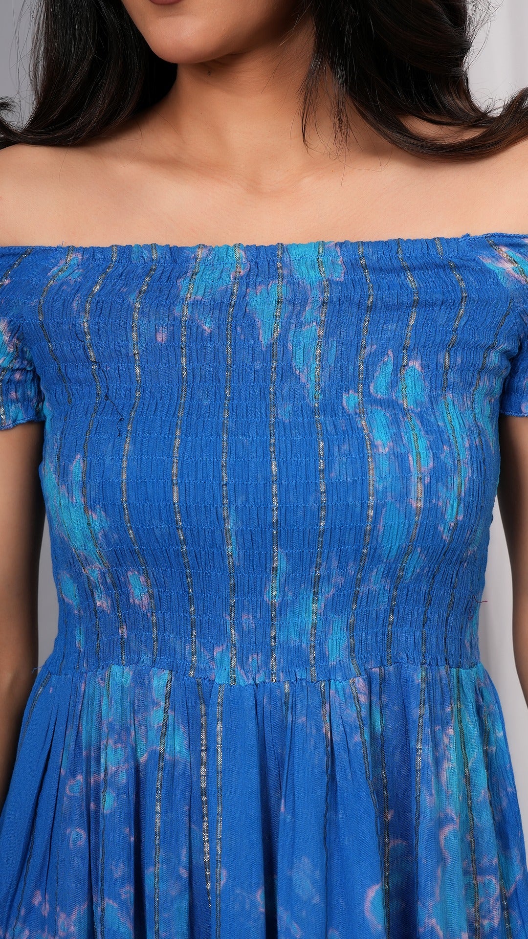 Iqraar Women Tie and Dye Dyed Smocked Off-Shoulder Fit and Flare Midi Royal blue Dress