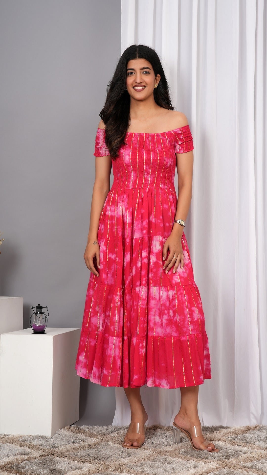 Iqraar Women Tie and Dye Dyed Smocked Off-Shoulder Fit and Flare Midi Dress