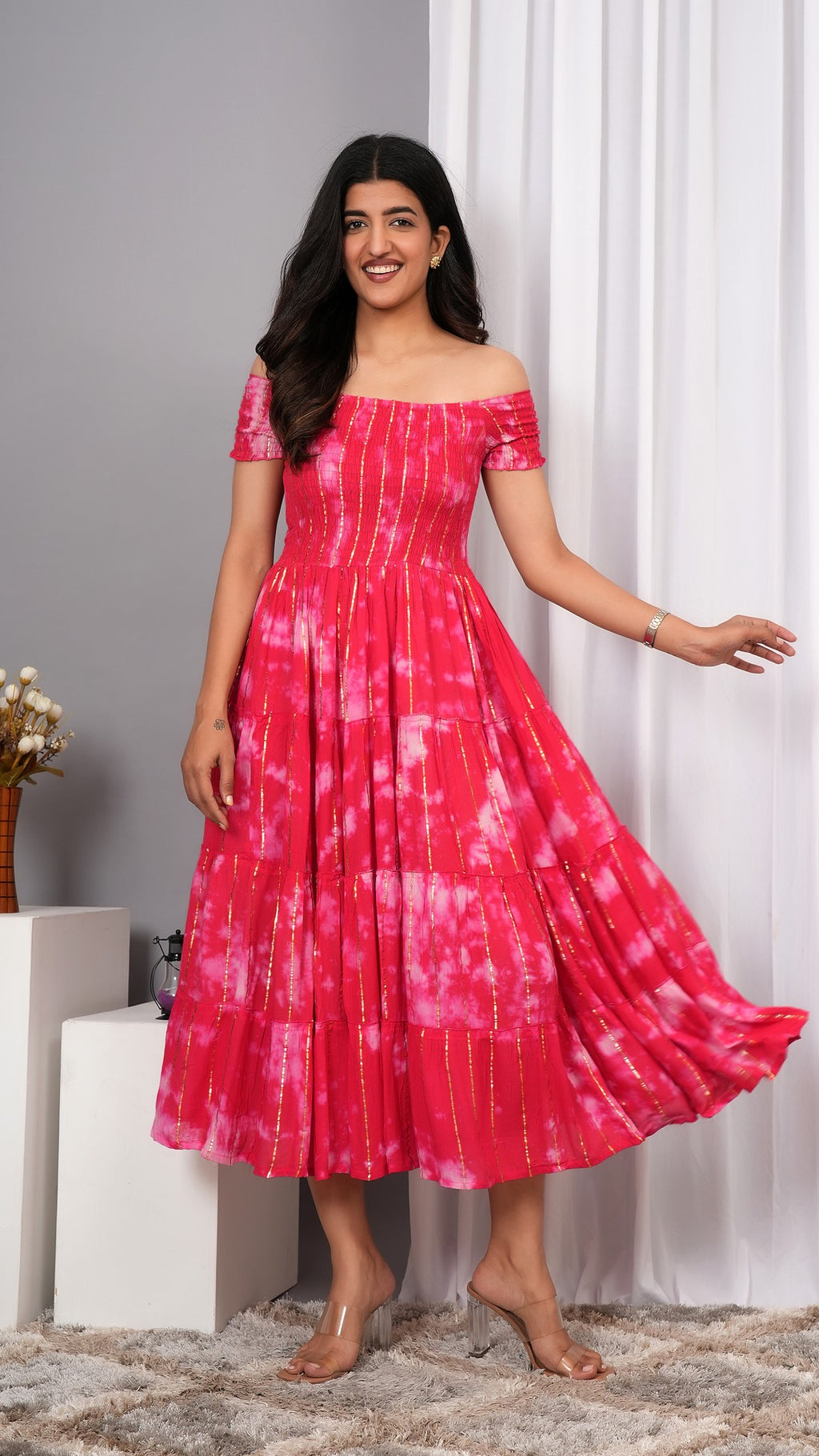 Iqraar Women Tie and Dye Dyed Smocked Off-Shoulder Fit and Flare Midi Dress